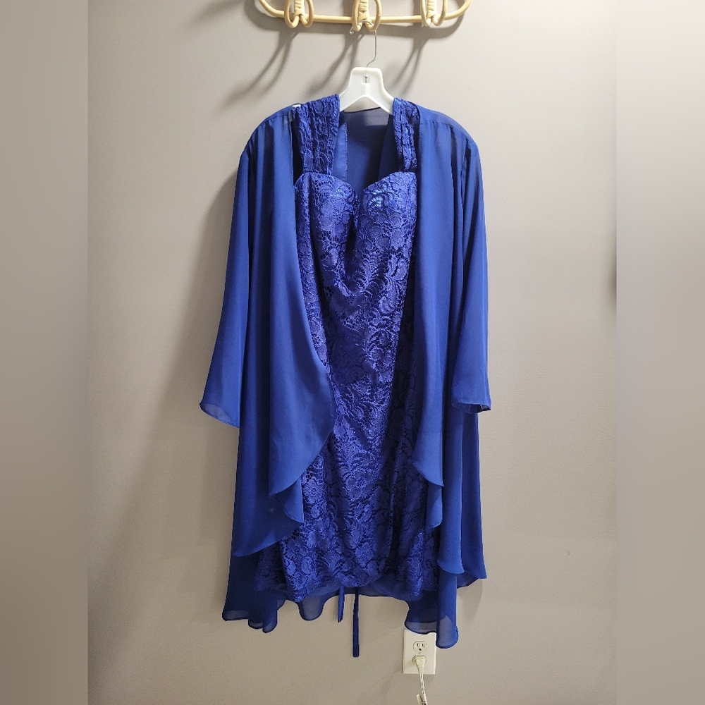 Bright blue formal dress with light jacket